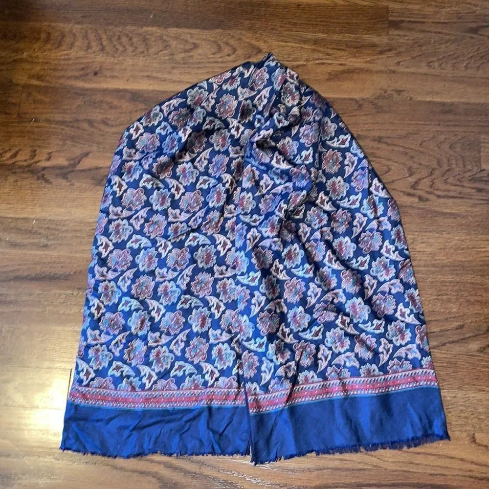 Vtg silk paisley & navy blue wool‎ reversible winter scarf